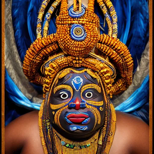 Image similar to A elegba eshu the yoruba god with cambodian goddess dress with cowrie shells for eyes dancing in the lake, blue color themed, insanely detailed and intricate, face painted, golden ratio, hypermaximalist, elegant, ornate, luxury, elite, James jean, Brian froud, ross tran, realistic 3D, hyper realistic, super detailed, realistic octane render, 8K, fashion photography