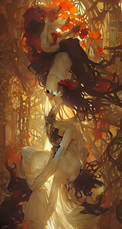 Image similar to the fall season, orange lighting, elegant, dramatic lighting, graphic art, volumetric lighting, sharp focus, detailled, by Krenz Cushart and Artem Demura and Alphonse Mucha