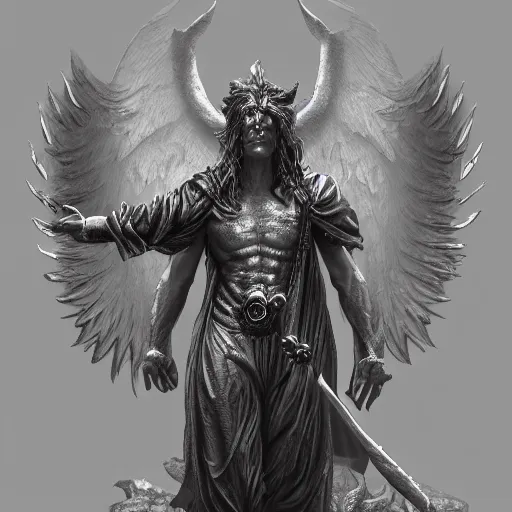 Image similar to photorealistic biblically accurate demonic archangel the style of michael whelan and gustave dore. hyperdetailed photorealism, 1 0 8 megapixels, amazing depth, glowing rich colors, powerful imagery, psychedelic overtones, 3 d finalrender, 3 d shading, cinematic lighting, artstation concept art