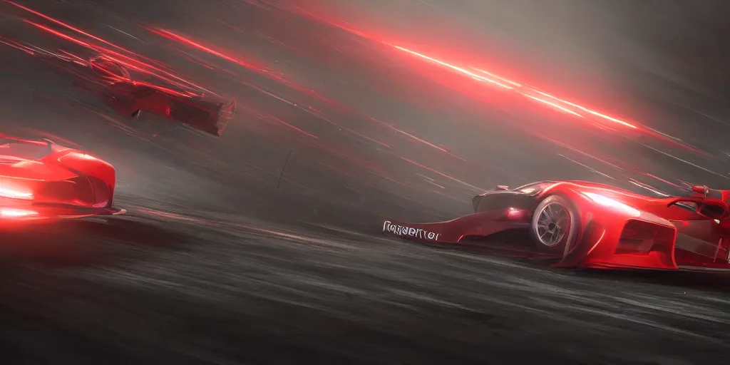 Image similar to Racing car red trail behind it, cinematic shot, epic, volumetric lighting, made by Stanley Artgerm Lau, WLOP, Rossdraws, ArtStation, CGSociety, concept art, cgsociety, octane render, trending on artstation, artstationHD, artstationHQ, unreal engine, 4k, 8k,