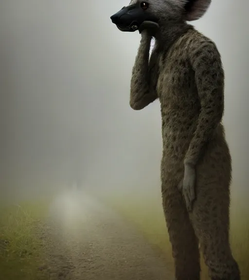 Prompt: foggy dirt road portrait of furry anthro anthropomorphic spotted hyena head animal person fursona wearing clothes horror gloomy digital art bokeh depth of field photo by Greg Rutkowski, Simon Stalenhag, christopher nolan trending on Artstation, CGSociety