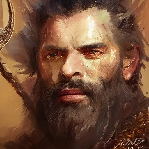 Prompt: A head shot portrait of a king with a trimmed beard, dual wielding swords, wearing dragonscale armor and a cheetah pelt cloak, fantasy, digital art by Ruan Jia