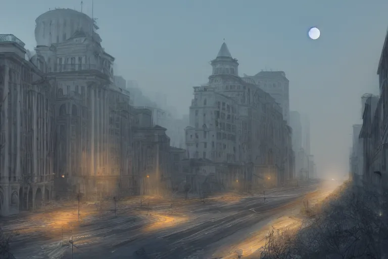 Image similar to bucharest city ruins, mist, dust, sunset, buildings, street,no people, desrted,artstation, 4k, beautiful, concept art