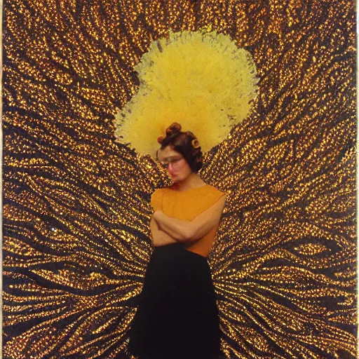 Image similar to fred tomaselli, Photoshoot Portrait Golden Wren, a beautiful Post impressionist, northern Vintage