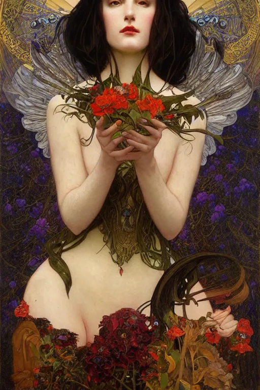 Prompt: masterpiece painting of ephemeral vampire raven haired girl by donato giancola, darius zawadzki and tom bagshaw, face by artgerm and edmund leighton, alphonse mucha, background by james jean and gustav klimt, 8 k, horror, dark color palette, volumetric lighting, porcelain skin, french nouveau, trending on pixiv