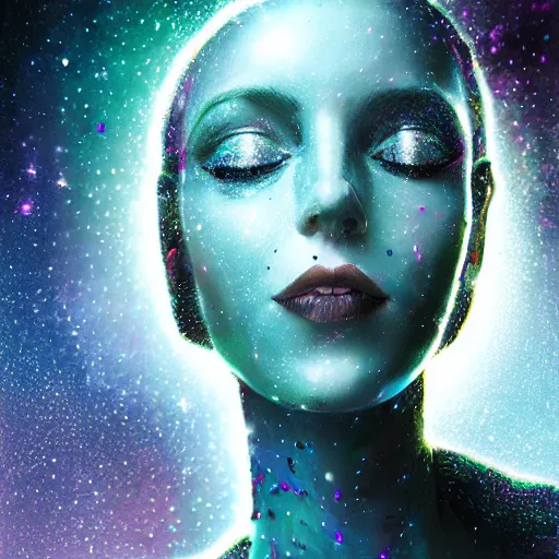 Image similar to woman portrait made out of galaxies, beautiful, cyborg, tim burton comic book art, realistic, highly detailed, octane render