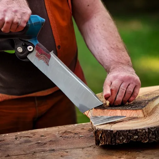 Prompt: nick offerman using a bacon saw to cut through oak, photography, highly detailed, sharp