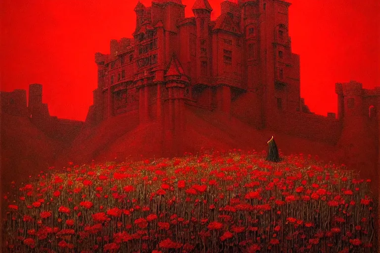 Image similar to only with red, red flowers, a crimson tiger, a castle in the background, medieval demons, an ancient path in the style of beksinski, part by hopper, part by rodcenko, part by hofbauer, intricate composition, red by caravaggio, insanely quality, highly detailed, masterpiece, red light, artstation