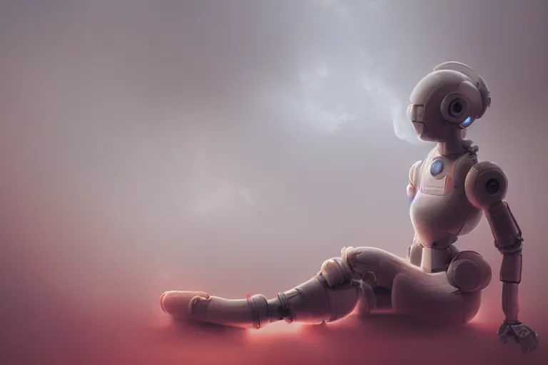 Image similar to a cute robot girl sitting on a cloud relaxing, misty, digital art, hazy, foggy, red lighting, ambient lighting, 8 k,