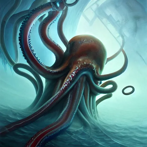 Prompt: a dream fantasy painting of a man trapped by a tentacles of a giant octopus in the deep of the ocean, by beksinki, giger, greg rutkowski, carne griffith trending on artstation, deviantart, photorealism