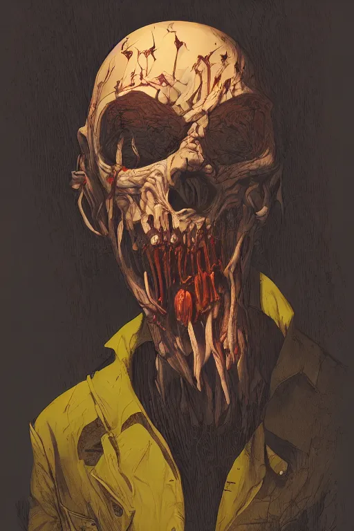 Prompt: the man in the yellow hat in sleepy hollow, full body, big two toned eyes, teeth gritted, horror, intricate details, cinematic, epic, realistic, anatomy, tomer hanuka, uplight, artstation, photorealistic, scary