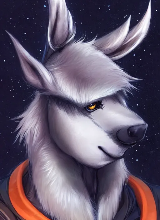 Image similar to award winning beautiful portrait commission of a male furry anthro Black Reindeer fursona with a tail, wings and a cute beautiful attractive detailed furry face wearing stylish black and orange galaxy clothes in a outerspace city at night while it rains. Character design by charlie bowater, ross tran, artgerm, and makoto shinkai, detailed, inked, western comic book art