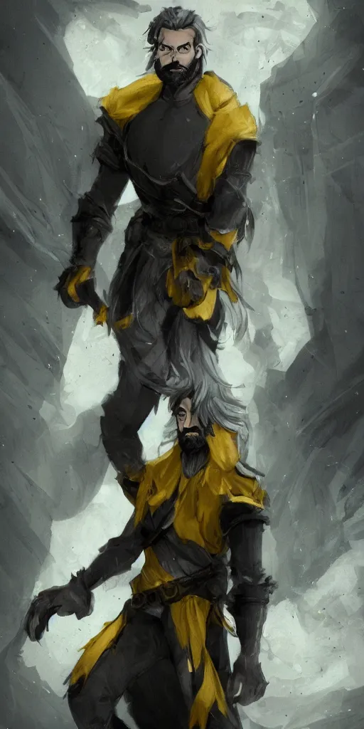 Prompt: Photo of the character with pale ash-colored skin, yellow cat-eye, black thick hair with a touch of gray to the shoulders, with neat stubble, similar to a small beard and with a strong build. He wore a plain old shirt, with a light leather armor over it, and leather pants with a belt, and a floor-length hooded cloak over his back, beautiful light, cinematic, sharp focus, digital art, full body, elegant, highly detailed, 8k, photorealism