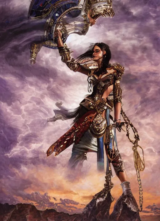 Image similar to dynamic! middle portrait of a biblical diabolical pirate female pharaoh, stylish cyborg armor, on a pirate ship, in clouds, strong studio lights, thunder, storm, sunset, by gerald brom, by mikhail vrubel, by peter elson, high contrast, muted colors, extreme detail, mirrors, trending on artstation, 8 k