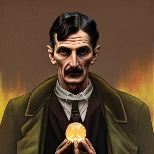 Image similar to [UHD Nikola Tesla as a GTA character on the streets of an industrial dystopia, holding a ray gun, correct face, intricate facial details, symmetrical face, graphic detail, digital painting, trending on artstation, concept art, tonalism, sharp focus, illustration, art by Akira Toriyama and Greg Rutkowski and Alphonse Mucha]