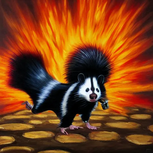 Image similar to skunk with shades walking from an explosion, front view, professional oil painting, highly detailed