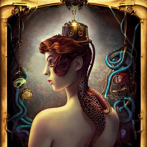 Image similar to underwater mermaid bioshock steampunk victorian portrait of scarlett johansson, octopus, Pixar style, by Tristan Eaton Stanley Artgerm and Tom Bagshaw.