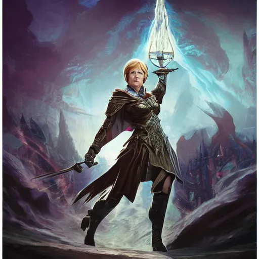 Prompt: Angela Merkel casting epic spell, magic the gathering artwork, D&D, fantasy, cinematic lighting, centered, symmetrical, highly detailed, digital painting, artstation, concept art, smooth, sharp focus, illustration, volumetric lighting, epic Composition, 8k, art by Akihiko Yoshida and Greg Rutkowski and Craig Mullins, heroic pose, oil painting, cgsociety, magic lab background