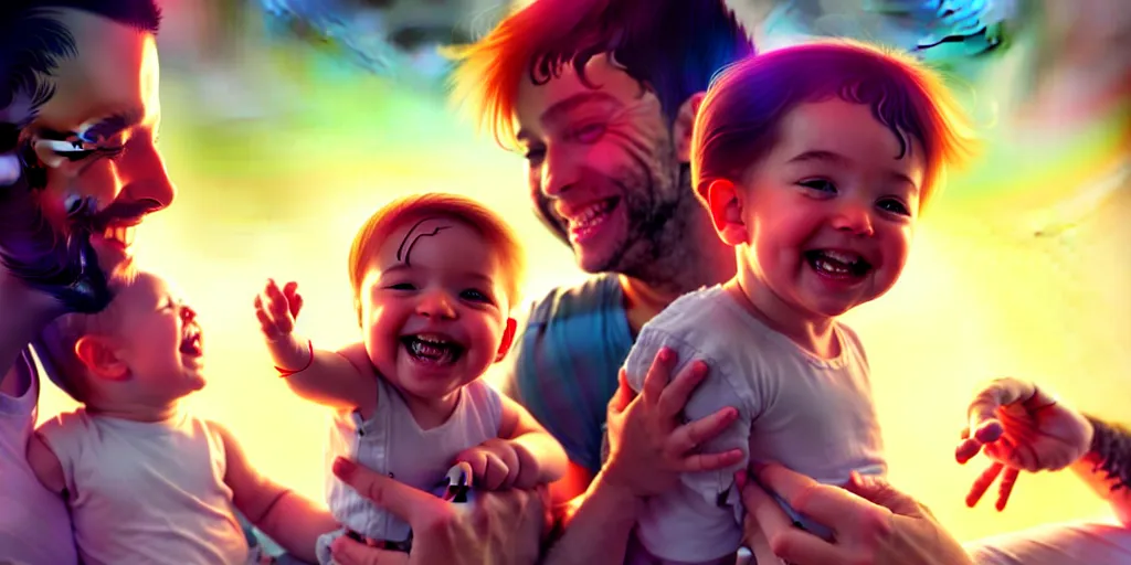 Image similar to epic professional digital art of a happy baby boy with his two fathers, best on artstation, cgsociety, wlop, cosmic, epic, stunning, gorgeous, much detail, much wow, masterpiece, backlight