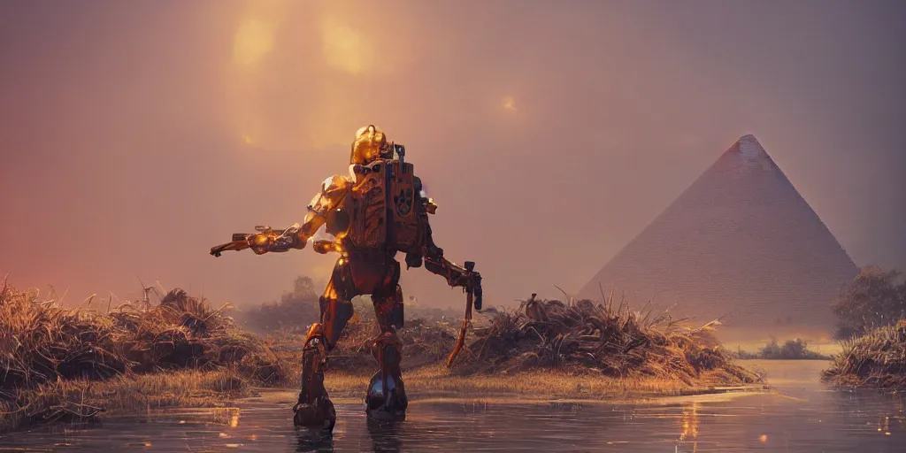 Prompt: concept art of heavy trooper with golden details, pyramids, puddles of water, bushes and leafs, by filip hoda, beeple, greg rutkowski, octane render, cryengine, details, hyper realistic, orange glow, sunrise