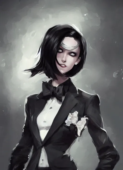 Image similar to a highly detailed illustration of beautiful short black messy haired woman wearing eyepatch!!! and noir style suit and tie, dramatic smiling pose, intricate, elegant, highly detailed, centered, digital painting, artstation, concept art, smooth, sharp focus, league of legends concept art, WLOP