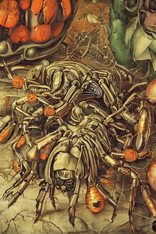 Prompt: hyperrealistic abstract close - up renaissance psychedelic!! cybernetic spiders in the style of engravings by pieter brueghel!!! the figures of women are crawling along the slug!!! octane render, hd