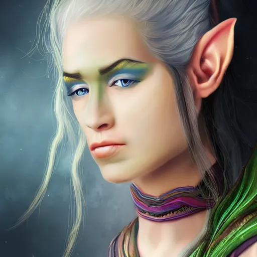 Prompt: a realistic portrait of a female elven warrior, made out of colored smoke