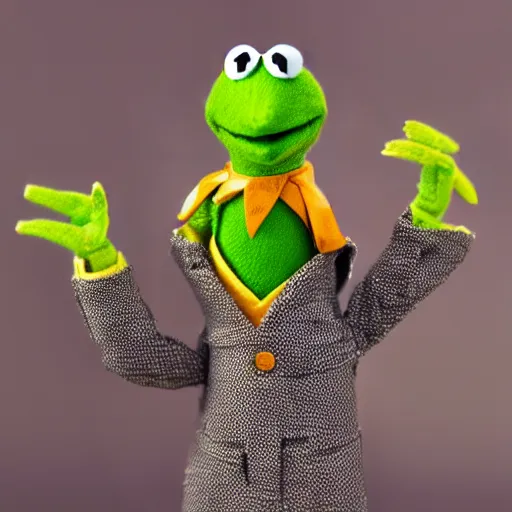 Prompt: photograph of kermit the frog holding a miniature jim henson