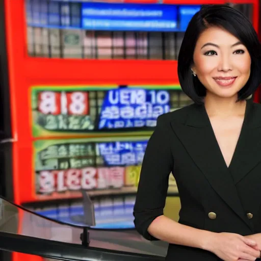 Prompt: a fullbody shot of a beautiful, asian - american female news anchor, with a bob cut, ultra hd, high definition, high quality, crisp, sharp, smooth, 8 k resolution