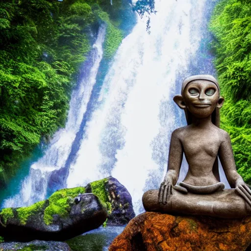 Image similar to Maya stone statue of an alien in front of a beautiful waterfall in the jungle, award winning photography, 8k