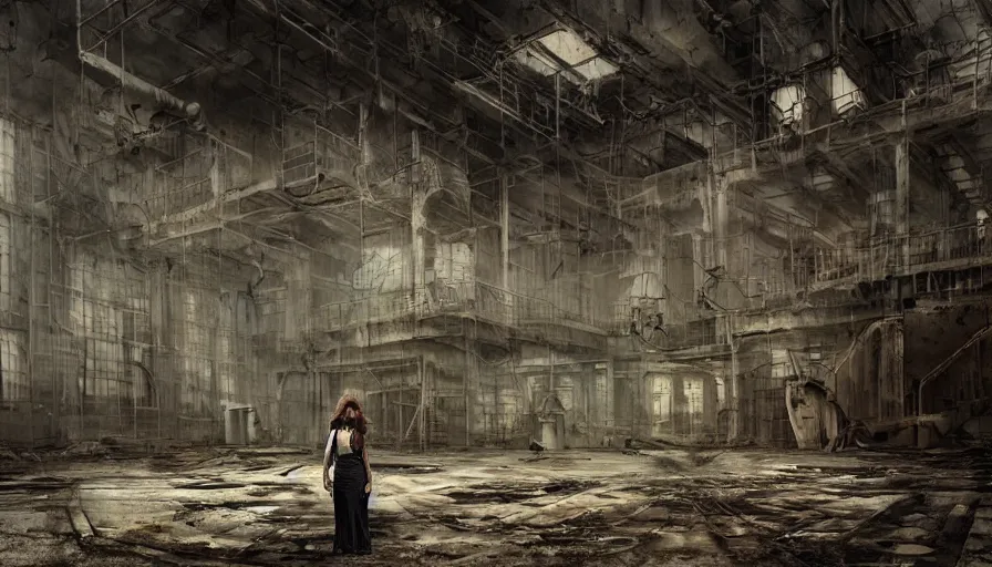 Prompt: dark moody photo of a female mechanic standing on a derelict factory floor with old rusting machinery, elegant, highly detailed, smooth, sharp focus, illustration, beautiful, geometric, art by Tom Bagshaw