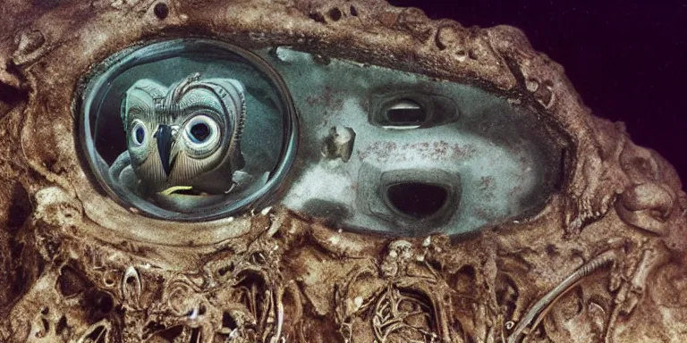 Prompt: A photorealistic sculpture designed by H.R. Giger of Photorealistic biomechanical a esophagus owl alien encased in thick transparent mucus on the bottom of a dark murky seafloor screaming into the camera. Shot on color film by blade runner Cinematographer Jordan Cronenweth next to the titanic wreckage illuminated over head by submarine lights surrounded with volumetric haze and murky water with a 9.8mm lens in the style of blade runner shot on color film