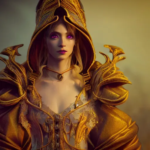 Image similar to a beautiful female fantasy wizard dressed in ornate arcane magical robes in a dungeons and dragons style, close up, 4 k, octane render, detailed