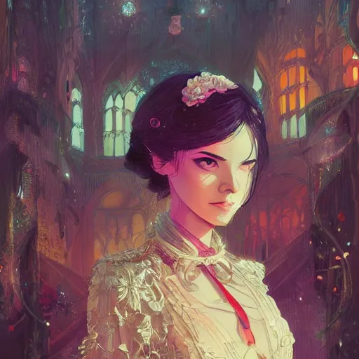 Image similar to colorful illustration of lady at a wedding, intricate complexity, by greg rutkowski, artgerm, ross tran, conrad roset, takato yomamoto, ilya kuvshinov. 4 k, beautiful, cinematic dramatic atmosphere