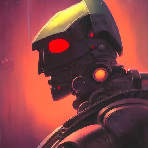 Image similar to a dark and colorful close - up side profile portrait of a sci - fi mecha robot with led lights glowing fog in the background. highly detailed science fiction painting by norman rockwell, frank frazetta, and syd mead. rich colors, high contrast, gloomy atmosphere, dark background. trending on artstation