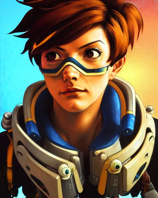 Image similar to tracer from overwatch, character portrait, portrait, close up, concept art, intricate details, highly detailed, vintage sci - fi poster, retro future, in the style of chris foss, rodger dean, moebius, michael whelan, and gustave dore