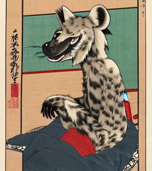 Image similar to ukiyo-e ukiyoe portrait of furry anthro anthropomorphic spotted hyena head animal person fursona wearing clothes sitting in a living room