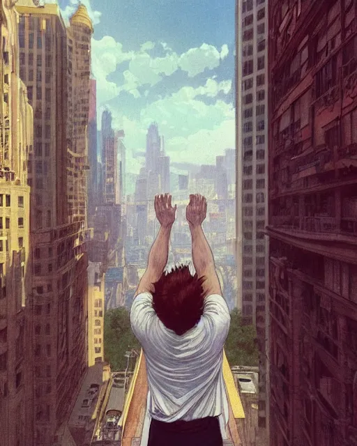 Prompt: wide angle of attractive red - headed bearded man wearing a white t - shirt levitating over the street below, arms spread wide, highly detailed, digital painting, artstation, concept art, smooth, sharp focus, illustration, art by artgerm, greg rutkowski, alphonse mucha, j. c. leyendecker