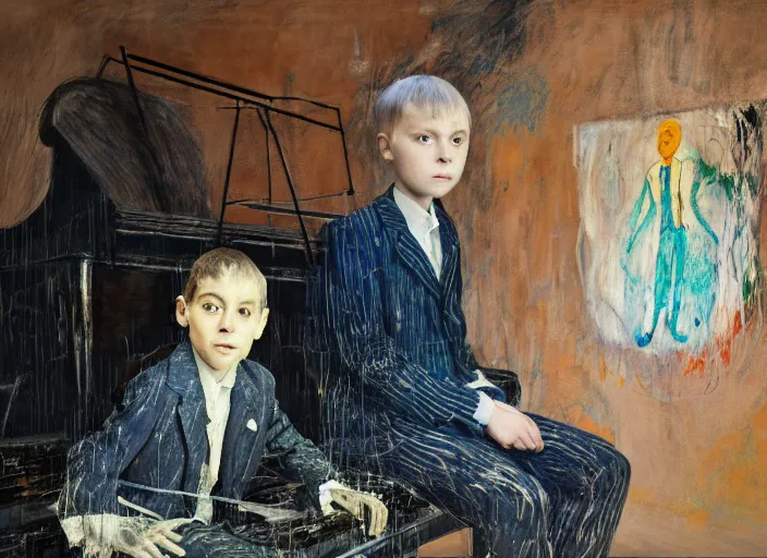 Image similar to portrait of a child piano player in suit waiting, vincent lefevre and hernan bas and pat steir and hilma af klint, psychological, photorealistic, dripping paint, washy brush, rendered in octane, altermodern, masterpiece