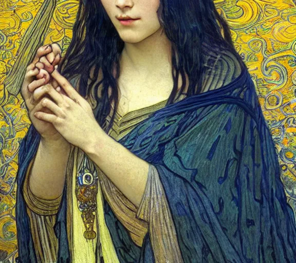 Image similar to detailed realistic beautiful young medieval queen face portrait by jean delville, alphonse mucha, vincent van gogh, and marco mazzoni, art nouveau, symbolist, visionary, gothic, pre - raphaelite