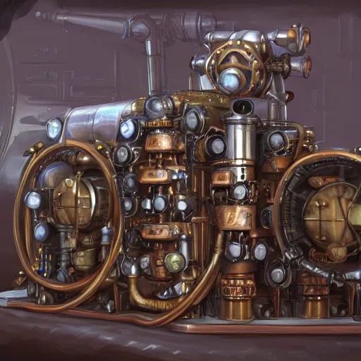 Image similar to painting of steampunk engines in a scifi tent, hardsurface, symmetric form exploration, big medium small, artstation, concept art, frank lloyd wright