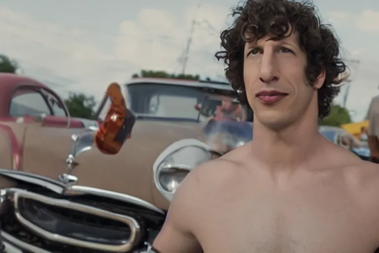 Image similar to a cinematic still from hotrod movie of ((andy samberg))