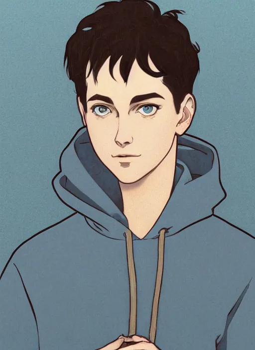 Image similar to well - lit art nouveau portrait of a young man with short black hair, light blue eyes, pale skin, serious expression, jeans and a black hoodie, natural lighting, path traced, highly detailed, high quality, cartoon, digital painting, by don bluth and ross tran and studio ghibli and alphonse mucha