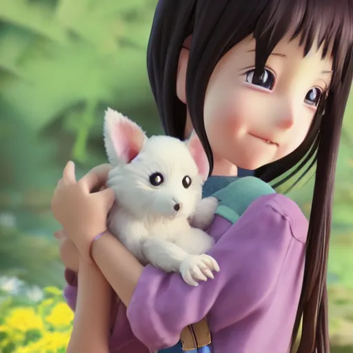 Image similar to Manga cover portrait of an extremely cute and adorable beautiful elated girl petting her new puppy, 3d render diorama by Hayao Miyazaki, official Studio Ghibli still, color graflex macro photograph, Pixiv, DAZ Studio 3D