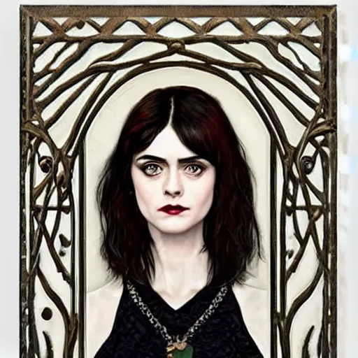 Prompt: a combination of Alexandra Daddario, Maisie Williams, Krysten Ritter, Anne Hathaway and Natalia Dwyer, gothic art nouveau portrait