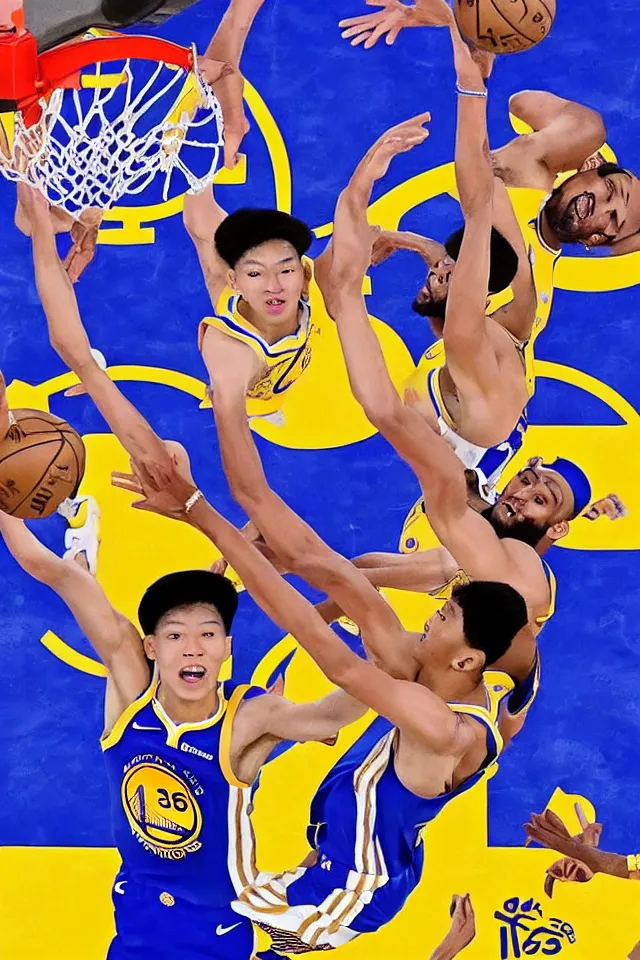 Image similar to kai sotto in the golden state warriors during the nba finals dunking on lebron james and anthony davis, 8 k, hyperrealistic, realistic, highly detailed, true to life