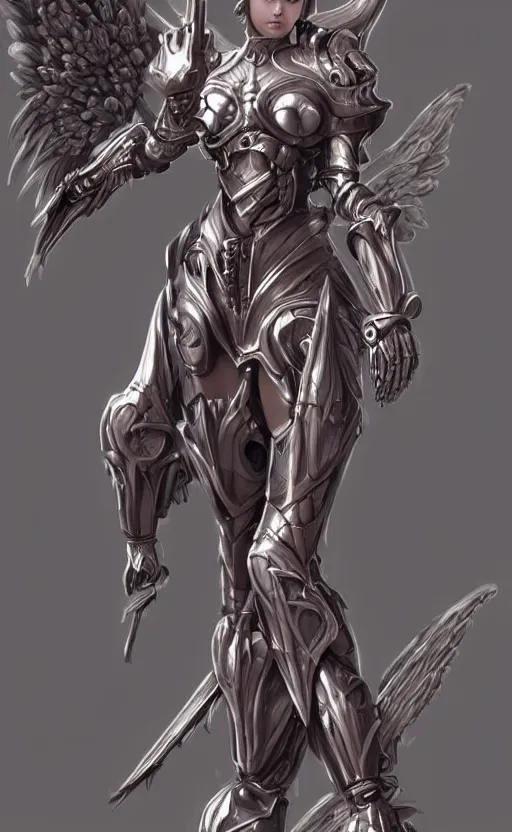 Image similar to Fantasy Concept character art of a angel female in biomechanical knight armor. By artstation trending. Highly detailed