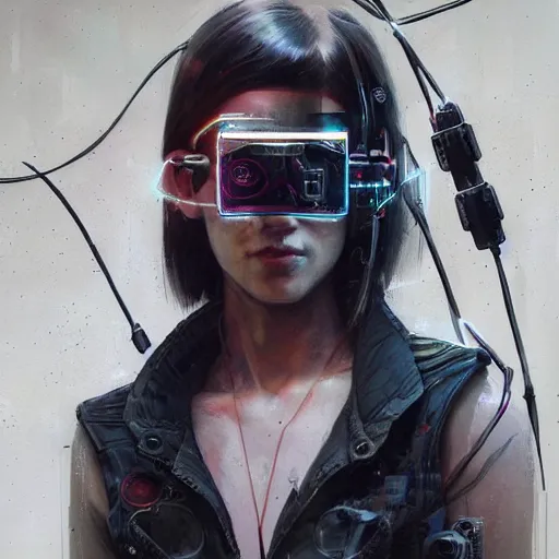 Image similar to female cyberpunk cyber hacker, cybernetic implants, wires, cables, grunge grime, realistic shaded, fine details, realistic shaded lighting painting by greg rutkowski, diego gisbert llorens, magali villeneuve, artgerm, jeremy lipkin, michael garmash, rob rey