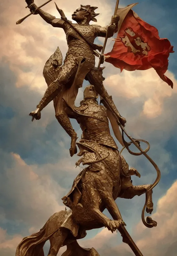 Image similar to [A sculpture of St.Georges slaying the dragon. Soviet!!!! Propaganda!!!! poster!!!!!!!!!!, promotional poster, advertising, composition, graphic design, elegant, highly detailed, digital painting, artstation, concept art, matte, sharp focus, illustration, octane render, unreal engine, photography]