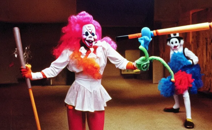 Prompt: 7 0 s movie still of jenny mccarthy in a clown outfit batting an octopus with nunchucks, kodachrome, cinecolor, cinestill, highly detailed, photorealistic, cinematic, film grain,